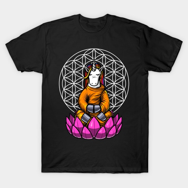 Unicorn Buddha Zen Yoga Meditation Flower Of Life T-Shirt by underheaven